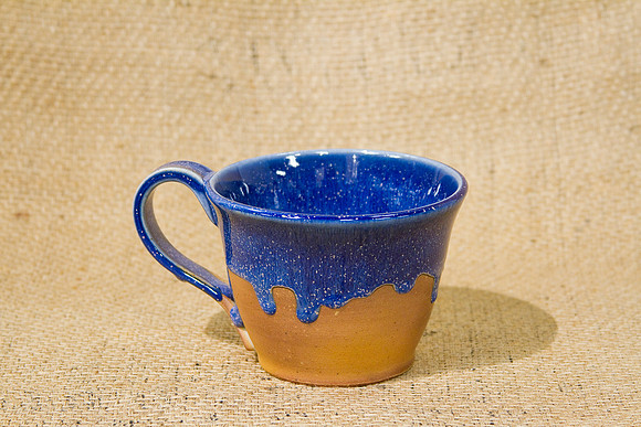 K Paul Laverty_Cup w handle blue brown 15oz, 3.75 x 5, $35