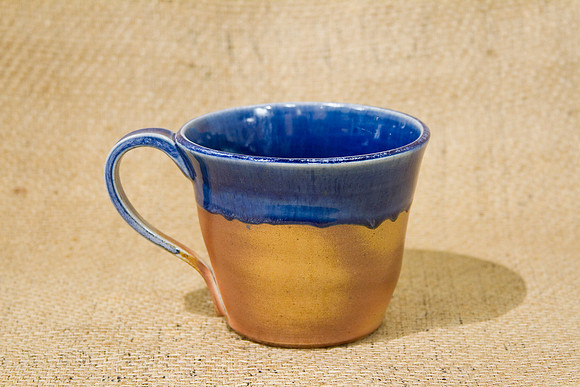 L Paul Laverty_ Big Cup w handle blue brown 24oz, 4.5 x 5.5, $40