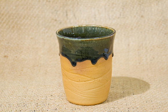 R Paul Laverty_Small Vase cup dark green brown 20oz, 5.25 x 4.25, $25