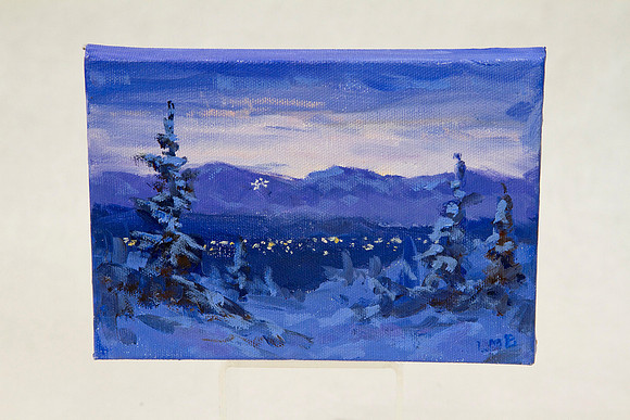GBG Lynn Brautigam-Boots, oil on canvas, December Morning, Anchorage, 5x7, $175
